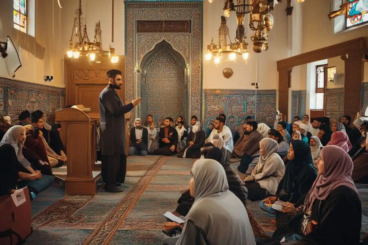 Ilustrasi kajian Islam membahas jumlah kafarat puasa Ramadhan bersama ustaz di dalam masjid.
